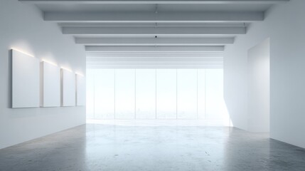Fototapeta premium Bright Gallery Space with White Walls and Concrete Floor Ideal for Art Display