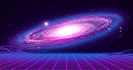 Vibrant galaxy with neon grid landscape in space - Powered by Adobe