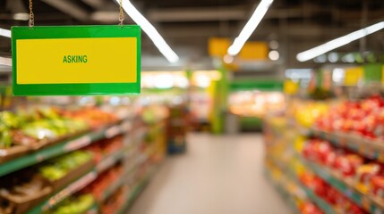 Fototapeta premium Asking sign hanging in produce aisle of modern supermarket, healthy fruits and vegetables displayed in background