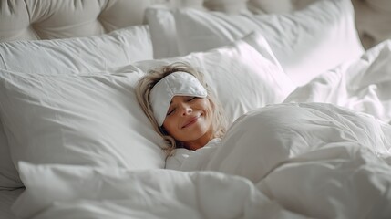 Woman Sleeping Peacefully in Comfortable Bed with Eye Mask for Restful Night