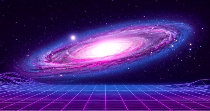 Vibrant galaxy with neon grid landscape in space - Powered by Adobe