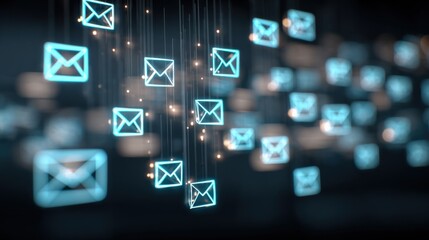 Email Marketing Abstract Background with Floating Neon Envelope Icons for Business Communication and Digital Correspondence