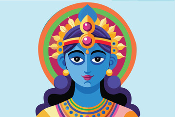 Blue faced deity with ornate headdress and colorful halo