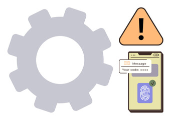 Large gray gear, orange alert sign, smartphone with verification code and fingerprint authentication. Ideal for technology, security, processing, automation, troubleshooting, risk management