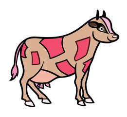 Cartoon Cow with Pink Patches on White Background animal