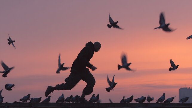 Silhouette of a man running with pigeons against a vibrant sunset sky.