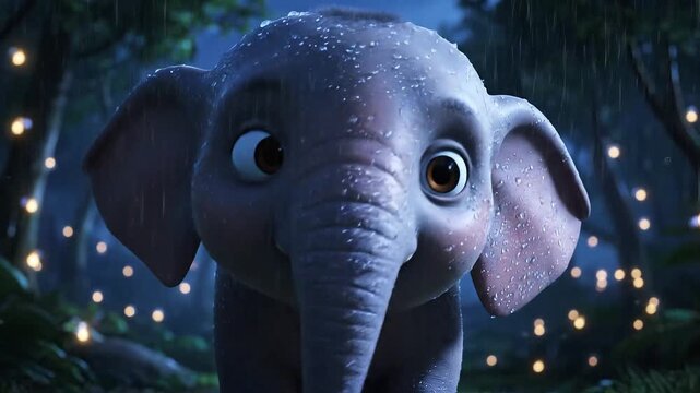 An adorable infant elephant character is portrayed beneath light rainforest shower as blurred glowing fireflies create soft background and the overall mood remains emotional