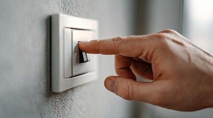 Close-up of a hand switching on a light switch mounted on a textured wall
