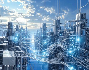 Fototapeta premium Electronic circuit 3D with pulsing lights and intertwined wires