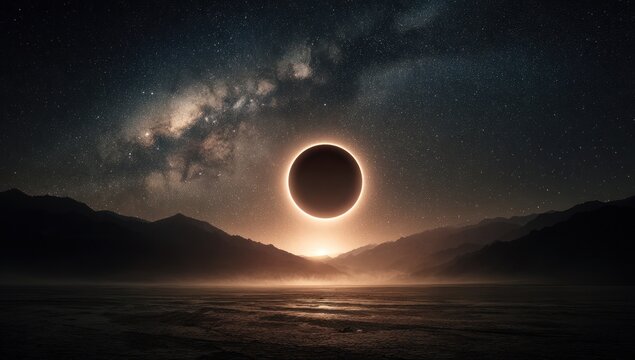 Total solar eclipse over mountains