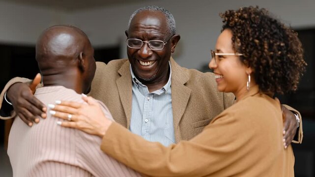 Three individuals share a warm embrace. Two men and one woman stand close, their faces etched with genuine emotion. A photograph that captures the joy of friendship and connection.