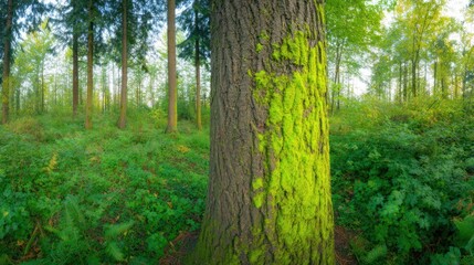 A tree covered in green moss is surrounded by a lush green forest. The mossy tree trunk is the focal point of the image, drawing attention to its unique appearance