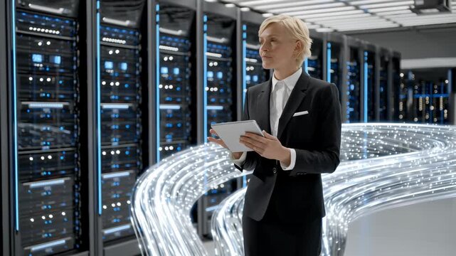 A skilled data center technician monitors the advanced server infrastructure, showcasing technological precision and the ever-evolving landscape of digital information management. 