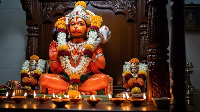 Hindu Deity Hanuman Statue Adorned with Garland Displayed with Oil Lamps Creating an Atmosphere of Faith and Spirituality in Dark Wooden Interior