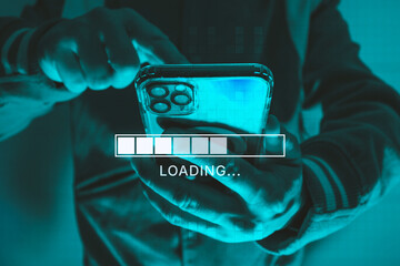 Man holding a smartphone with a digital loading bar and progress indicator overlay. Concept of internet connection, data transfer, mobile technology and digital transformation.