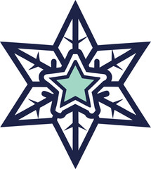 Stylized Six Pointed Star Snowflake Illustration Featuring a Mint Green Star in the Center with Navy Blue Edges