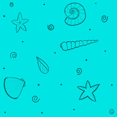  Seamless marine pattern with seashells and starfish on turquoise background, ideal for textiles, wallpapers, and summer beach-themed designs.