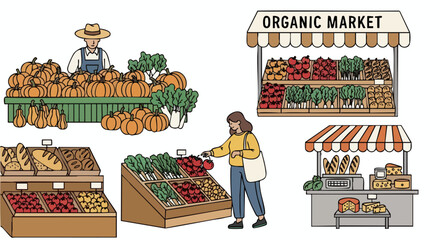 Street market organic produce on display at different stalls, with farmer and shoppers in illustration. Fresh street market organic products enhance healthy living.