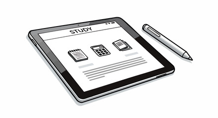Study tablet displaying study information and pencil on white background for educational resources. Tablet for study and learning features icons for notes, calculations, and documents.