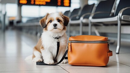 pet sitting traveling companion with brown bag in airport terminal | travel, pet, airport, travel companionship, traveling animals theme
