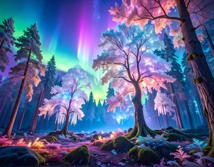 Enchanted crystal forest with glowing leaves under colorful aurora