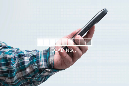 Man holding a smartphone with a digital loading bar and progress indicator overlay. Concept of internet connection, data transfer, mobile technology and digital transformation.