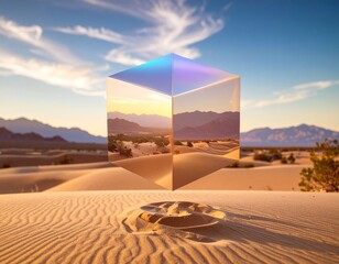 Floating holographic cube above desert landscape