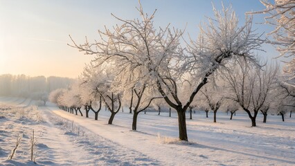 A cold winter landscape with frost-covered trees beneath a blue sky