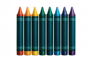 Colorful crayons lined up, forming vivid rainbow gradient on clear surface, embodying artistic potential