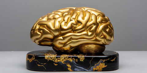 Golden Brain Sculpture on Black Marble Base