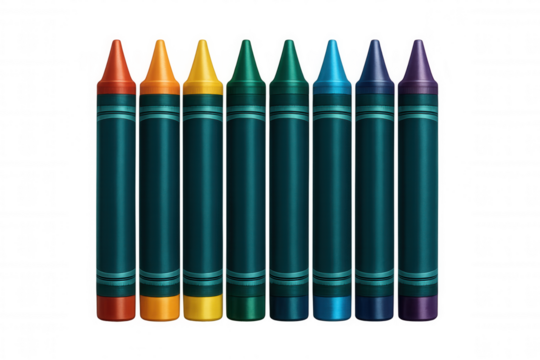 Colorful crayons lined up, forming vivid rainbow gradient on clear surface, embodying artistic potential