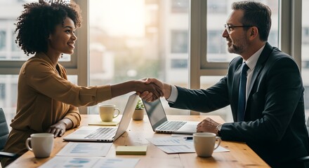 Partnership Forged: Two professional individual from diverse backgrounds forge a partnership, their hands clasped in a gesture of commitment and solidarity at a sunlit workspace.