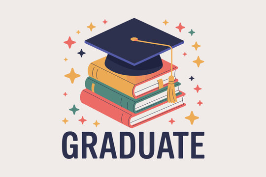 A graduation cap on top of a stack of books surrounded by stars with the word graduate below it