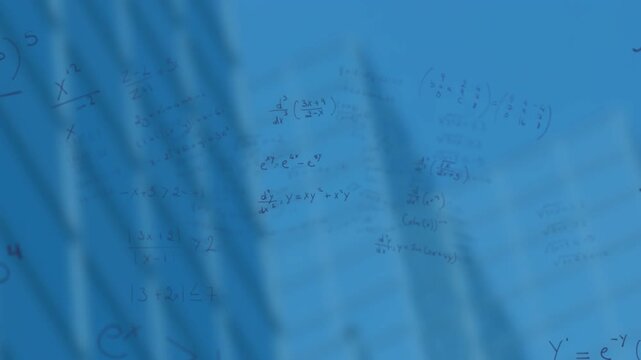 Starting with algebraic expressions initiating translucent blue bands rippling to reveal integrals