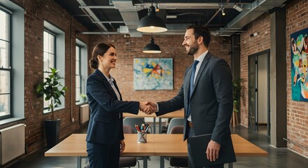 Business Deal Handshake: Two formally dressed individuals seal a deal with a firm handshake in a modern office setting, surrounded by tasteful decor and soft lighting.