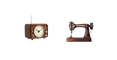 Vintage television and sewing machine duo on black background