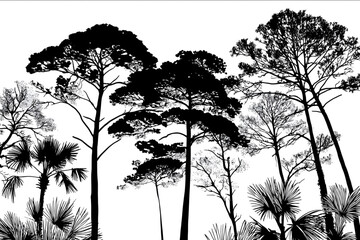 silhouette of pine trees and palmettos solid black on white background illustrated.