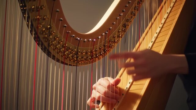 Beautiful close-up of hands playing the harp with elegant musicality and passion