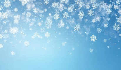 A light blue background with many falling snowflakes of varying sizes and opacities, creating a wintery scene
