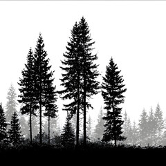 silhouetted tall spruce tree line realistic illustration.
