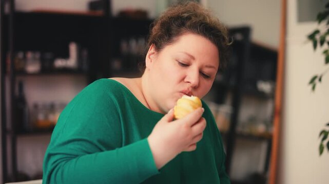 Overweight woman eating high-sugar dessert, insulin resistance and health risk