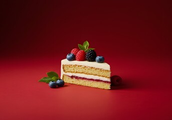 A Delicious Slice of Vanilla Cake Generously Topped with Fresh Mixed Berries and Mint Leaves on a Rich Red Background	