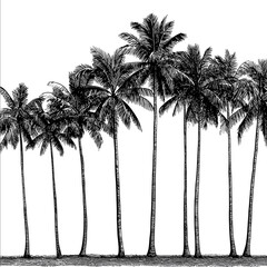 palm trees in a row illustration black and white outline sketch vector style on white isolated background.