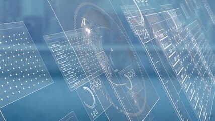 Data panels appearing then sliding while gauge rotating and numbers updating for currency trends - Powered by Adobe