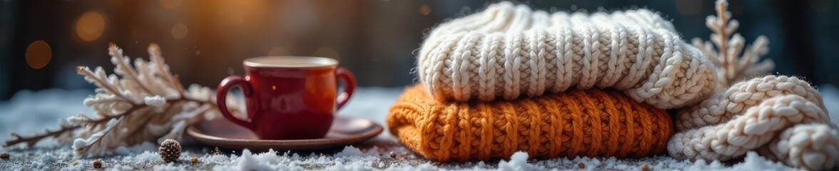 Cozy winter scene featuring warm layers of clothing, perfect for a chilly day A pile of knitted items and a mug suggest comfort and warmth , throw, cold, soft