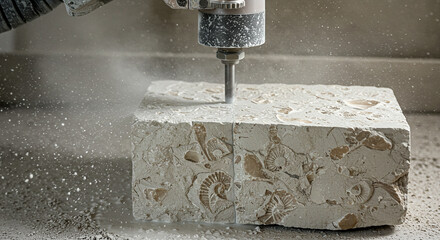 Waterjet Cutting Fossil Limestone with Visible Ammonites