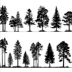 pine trees silhouettes black and white White background vector art.