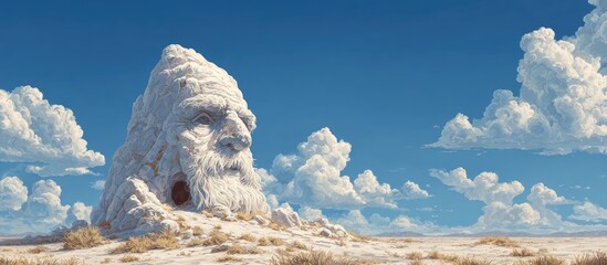 A weathered, white rock formation resembling an old man's face with a cave-like opening, sits in a sparse, sandy desert under a vibrant blue sky dotted with fluffy white clouds