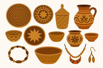 Brazilian handmade crafts vector illustration with basket weaving pottery and ethnic jewelry isolated on white
