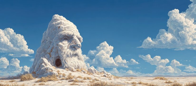 A weathered, white rock formation resembling an old man's face with a cave-like opening, sits in a sparse, sandy desert under a vibrant blue sky dotted with fluffy white clouds - Powered by Adobe
